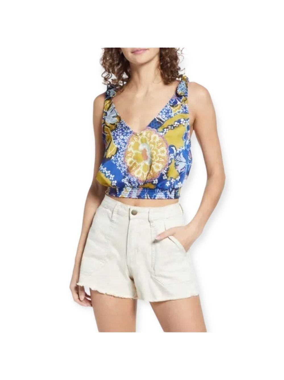 Free People Women's Weekend In Montauk Floral Print Cropped Tank M
